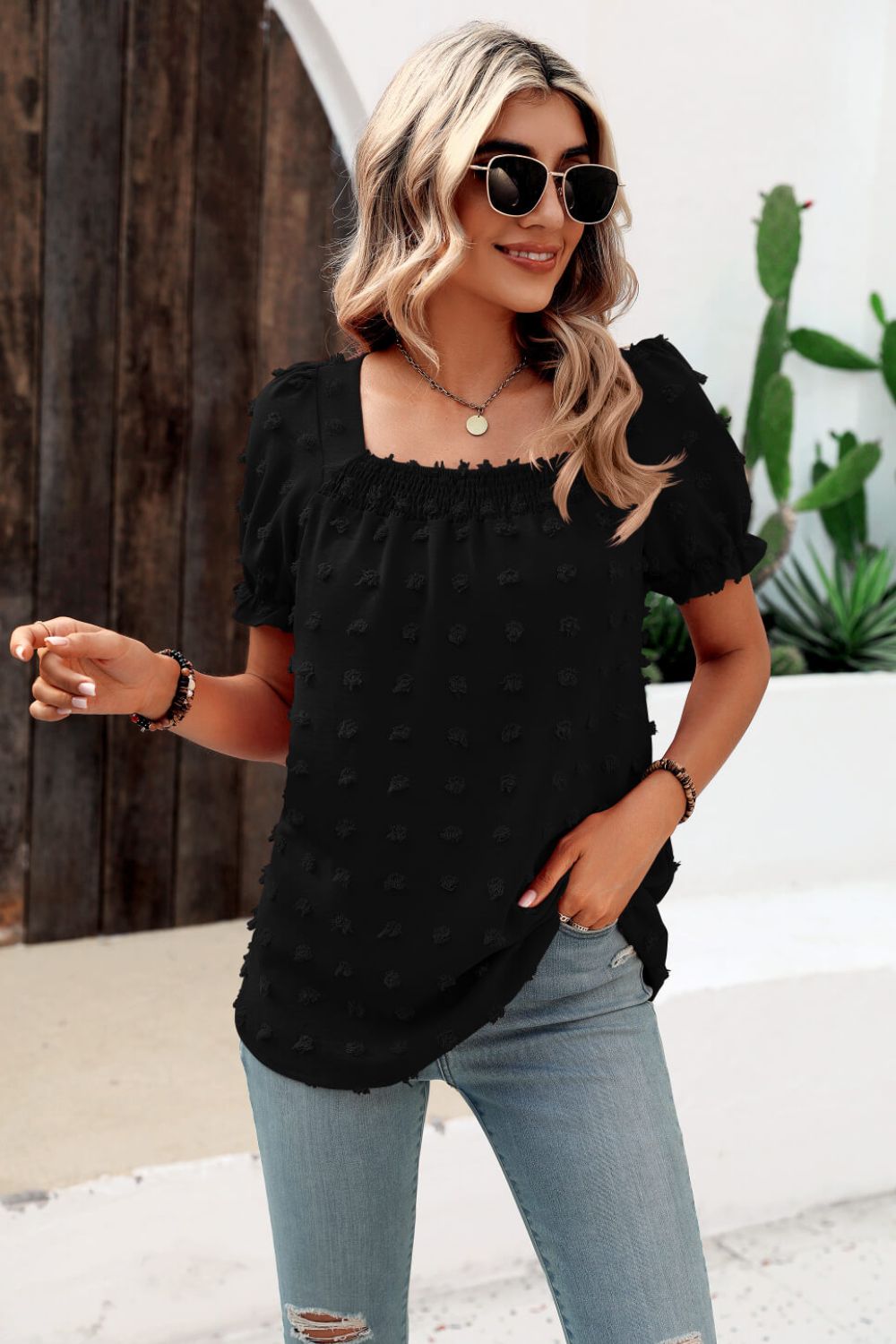 swiss dot puff sleeve square neck blouse