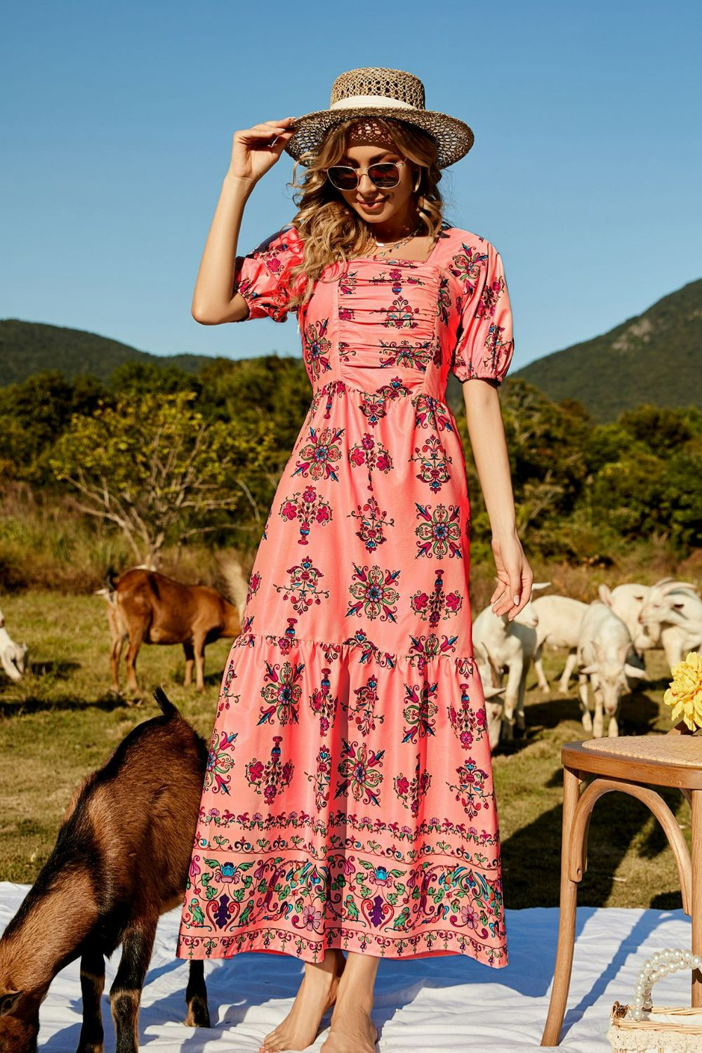 floral ruched puff sleeve tiered maxi dress