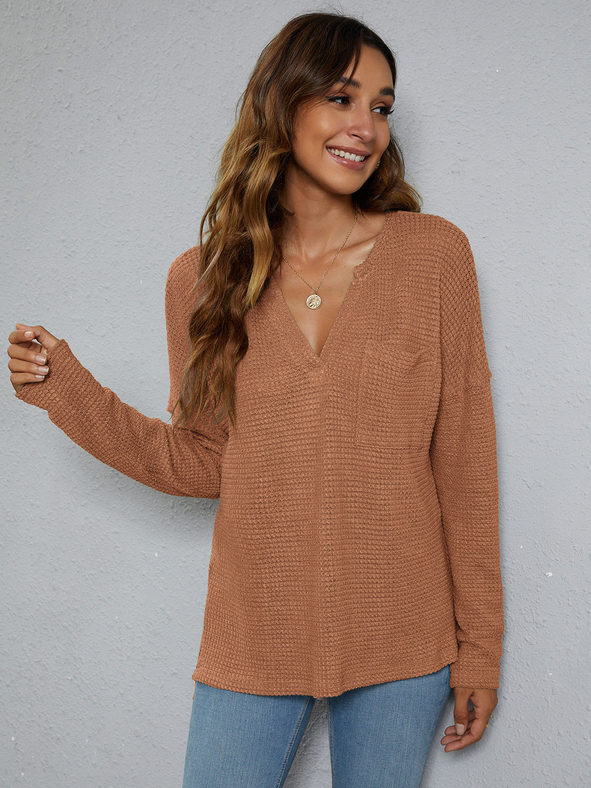 dropped shoulder high-low waffle-knit top