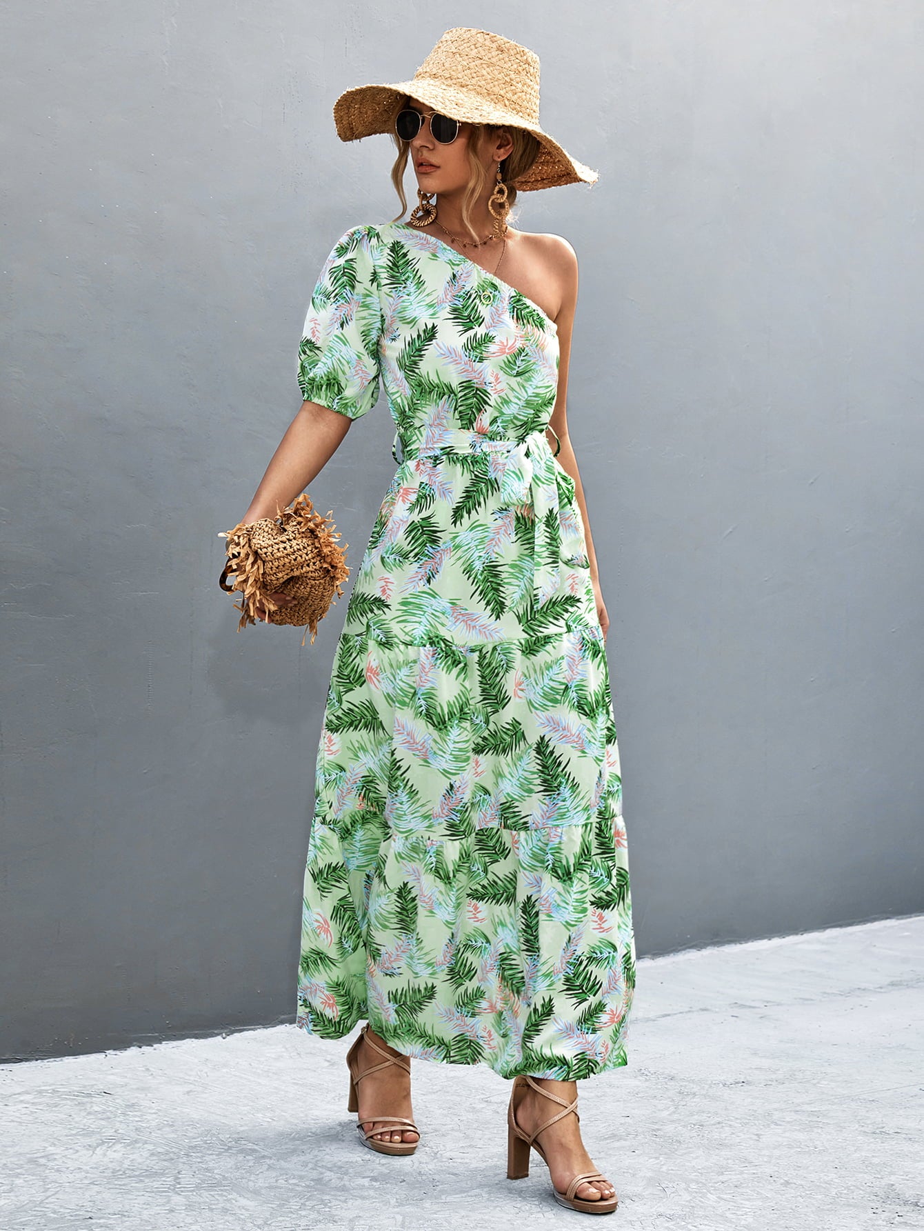 printed tie waist one shoulder maxi dress