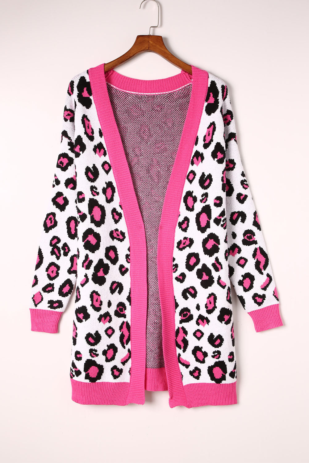 leopard contrast trim open front longline cardigan