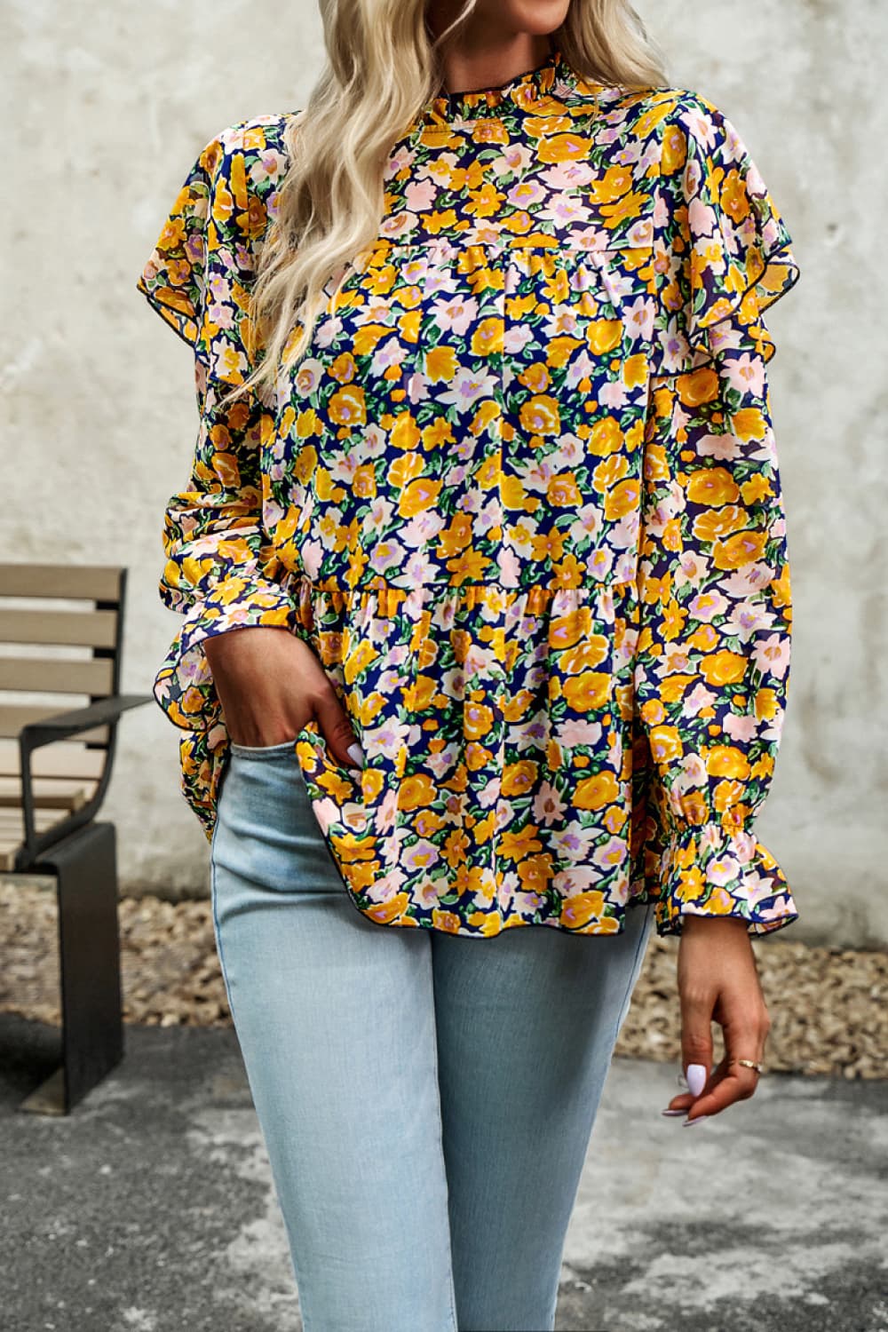 printed round neck flounce sleeve blouse