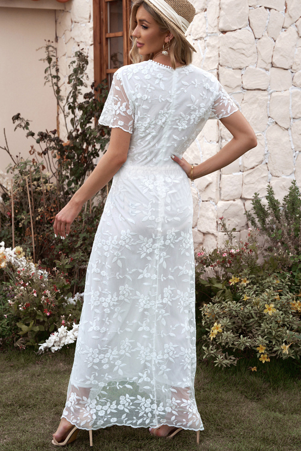 embroidered short sleeve surplice neck maxi dress