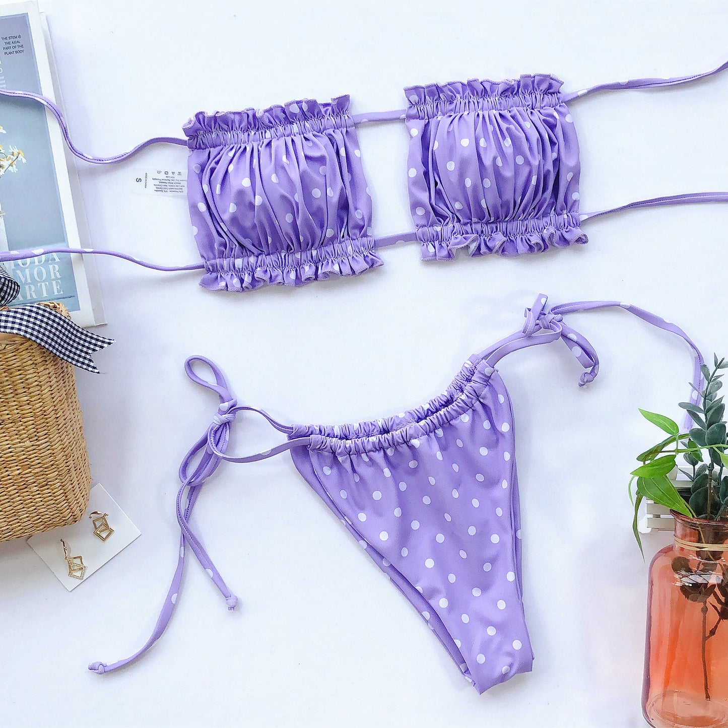 frill trim ruched bikini set