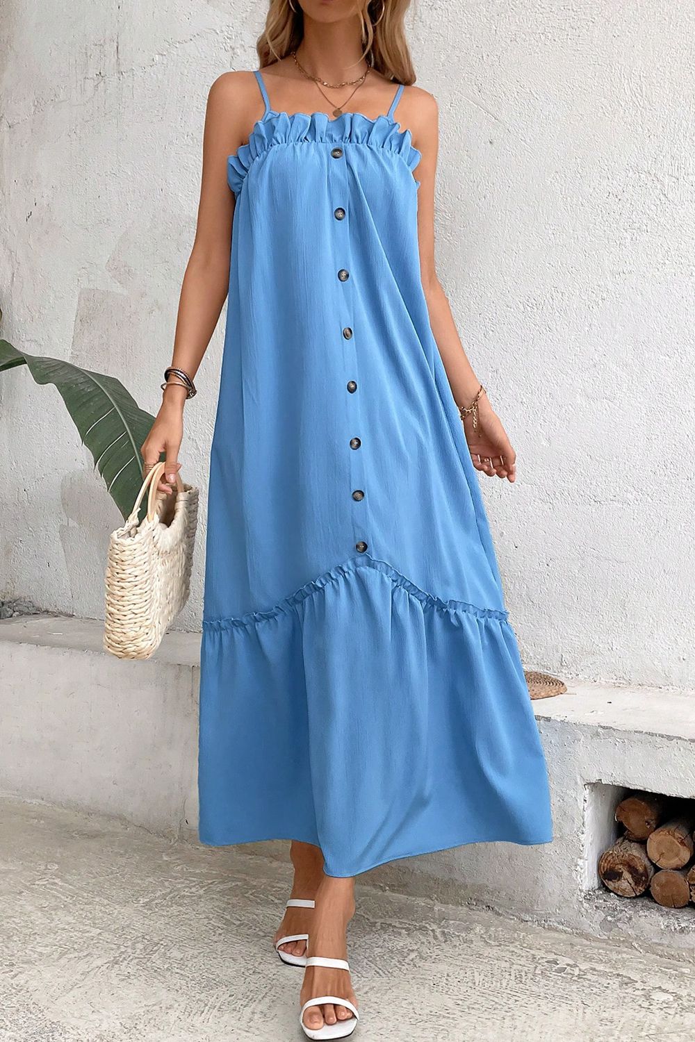 ruffle trim buttoned sleeveless maxi dress