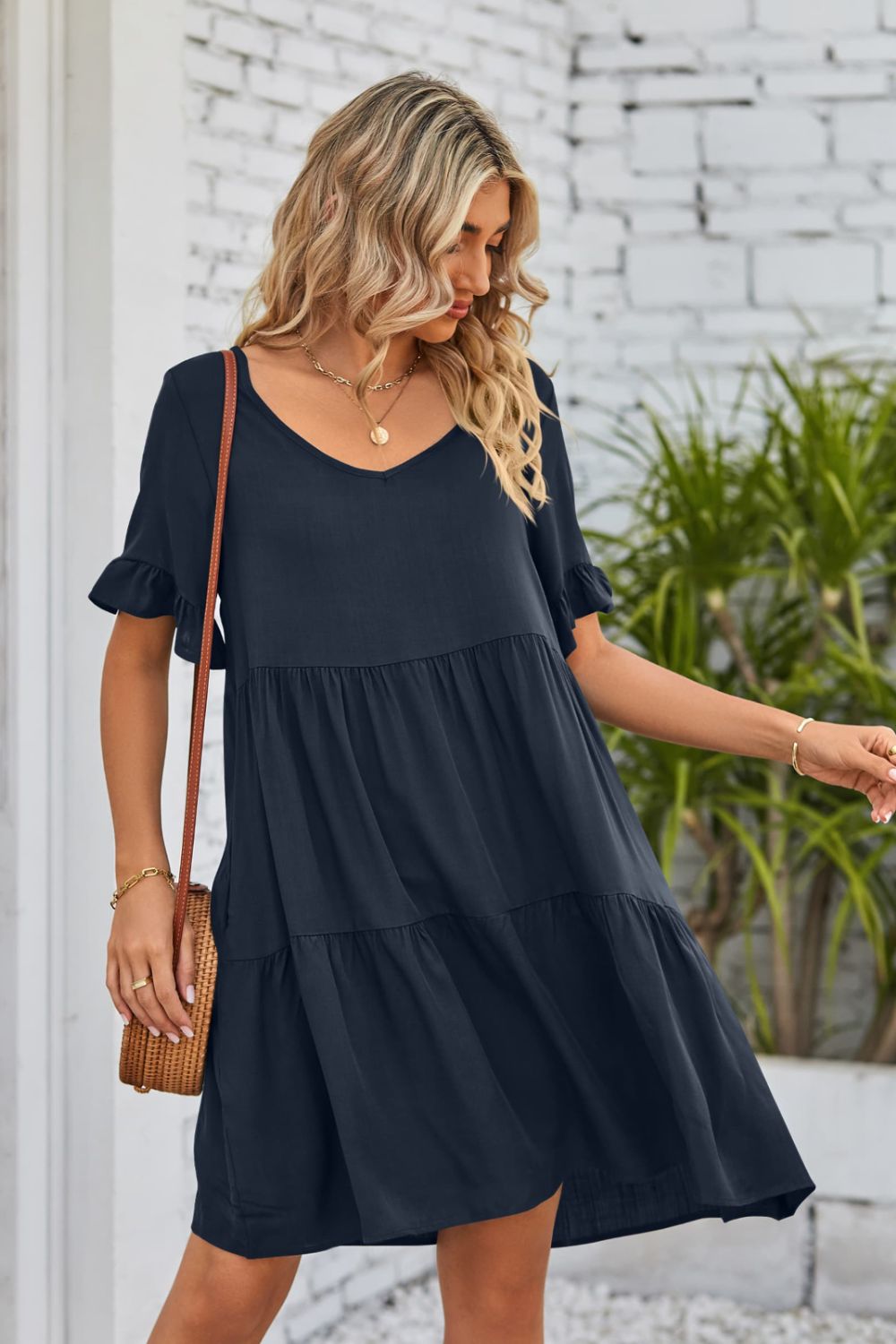 v-neck flounce sleeve tiered dress