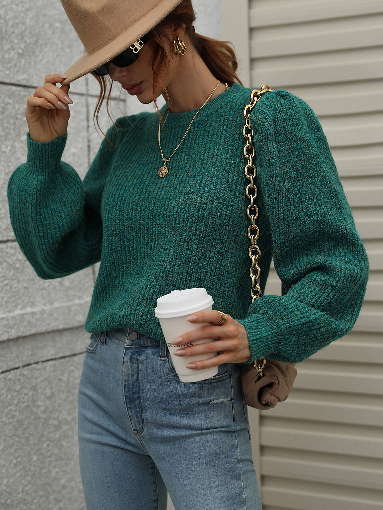 woven right heathered long lantern sleeve rib-knit sweater