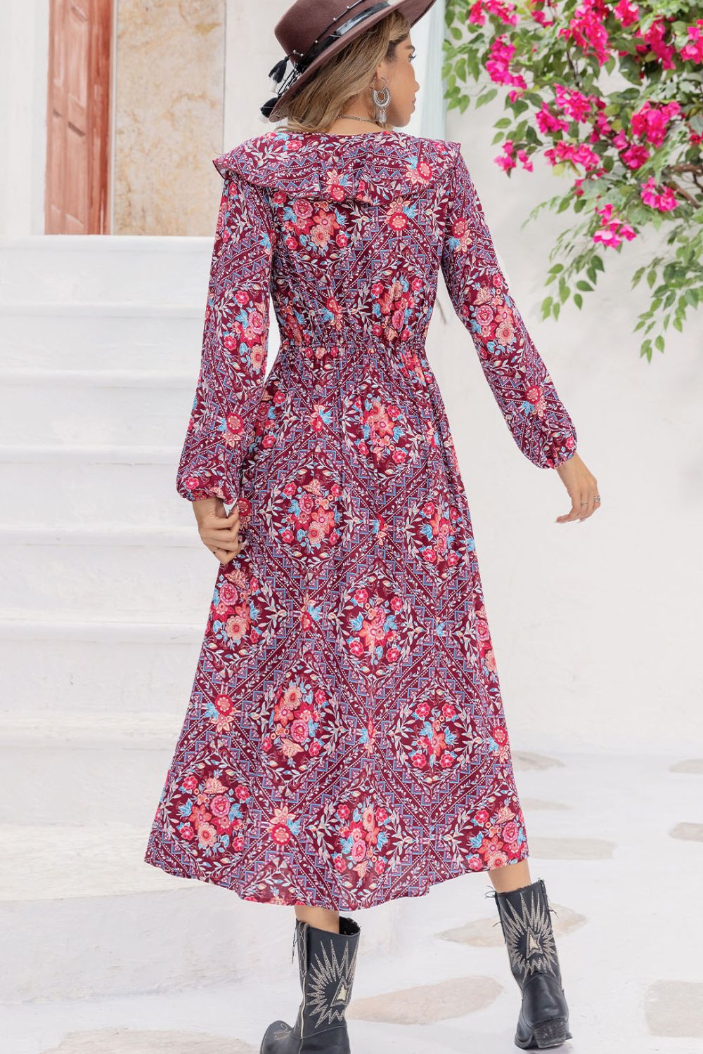 printed long sleeve slit midi dress