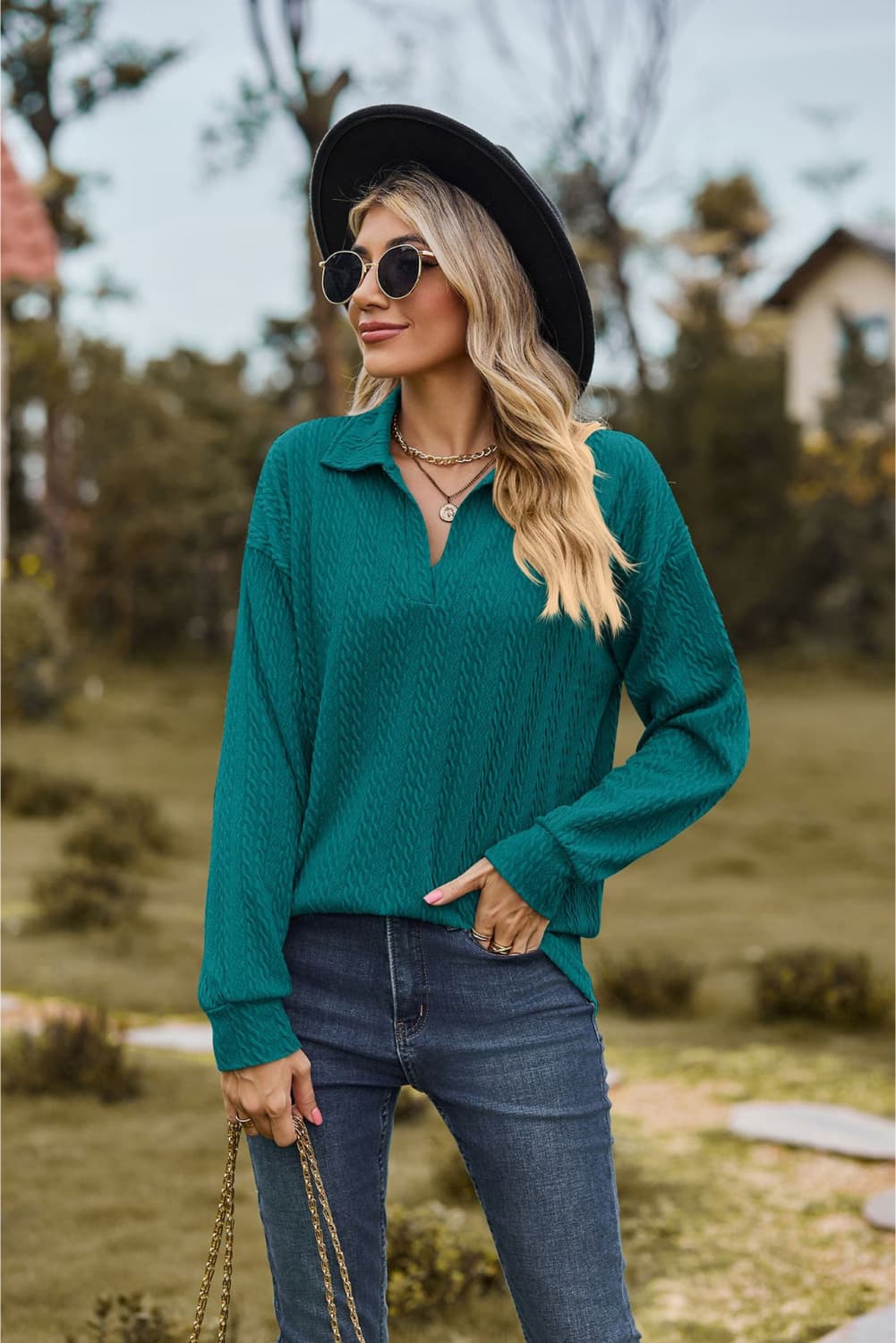 collared neck cable-knit long sleeve blouse