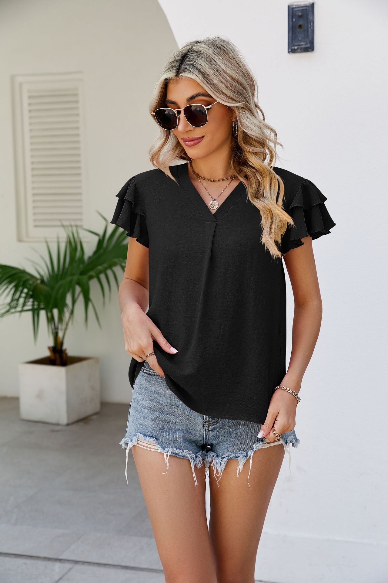 v-neck layered flutter sleeve top