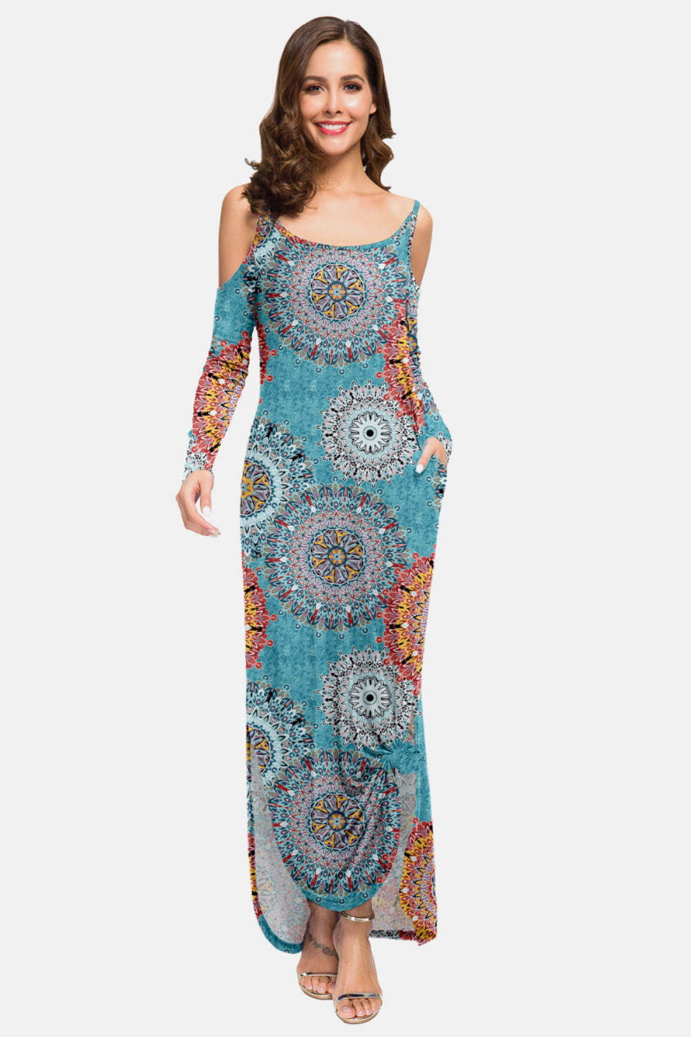 printed cold-shoulder slit maxi dress