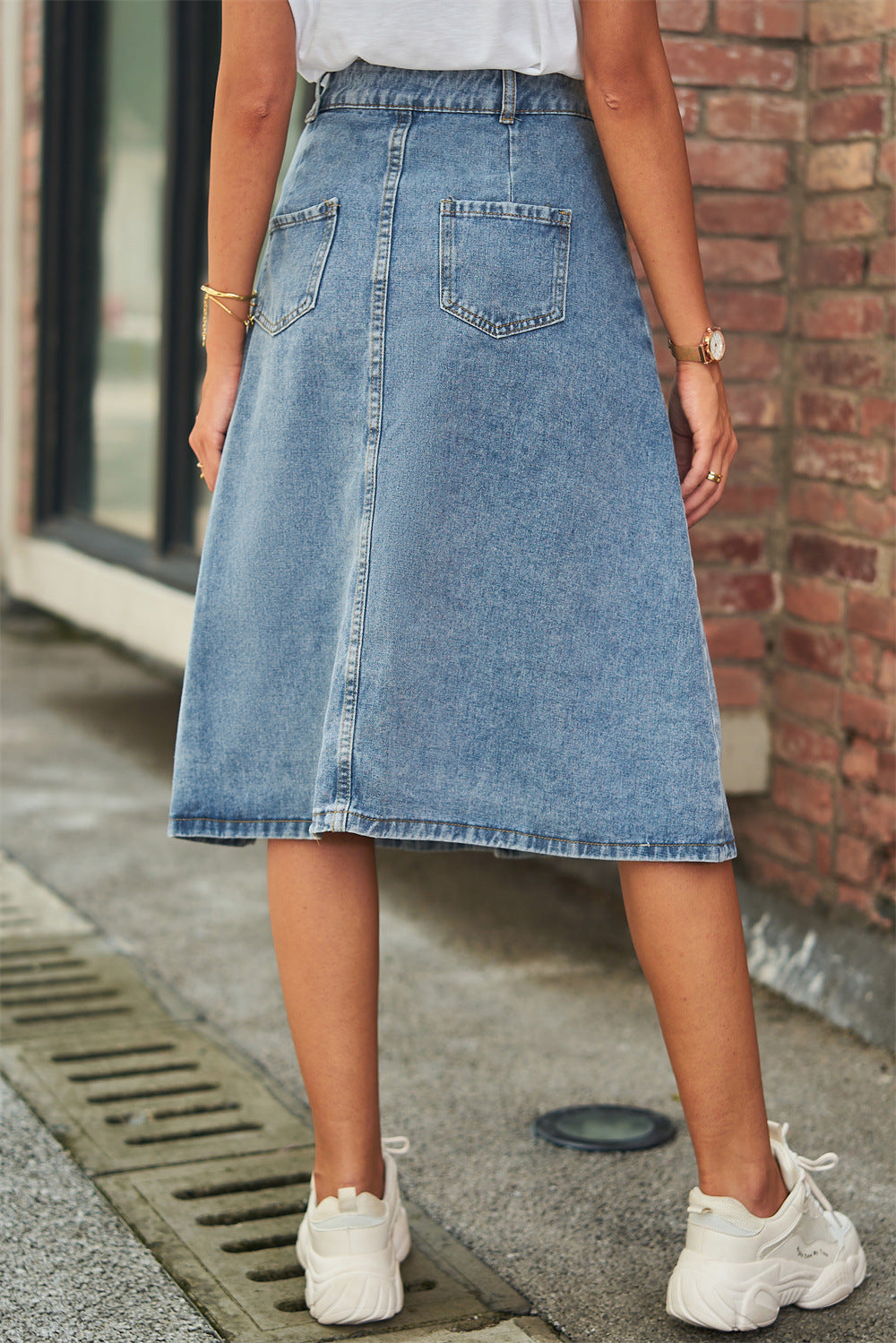 button front a-line denim skirt