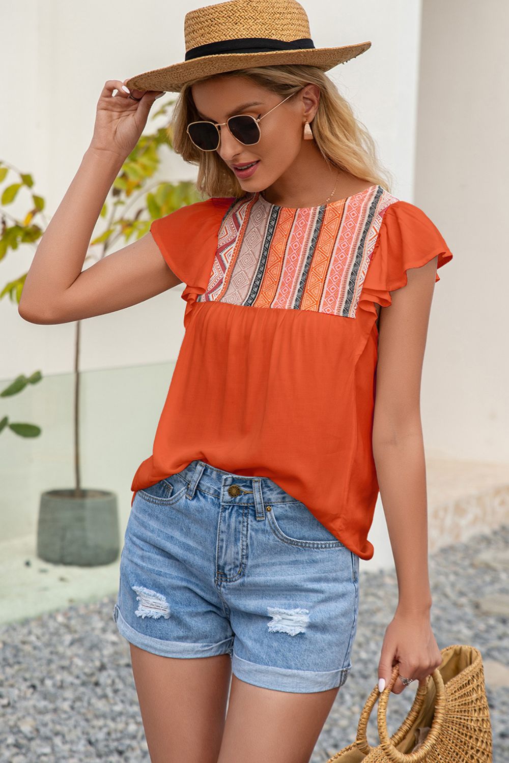 contrast print butterfly sleeve top