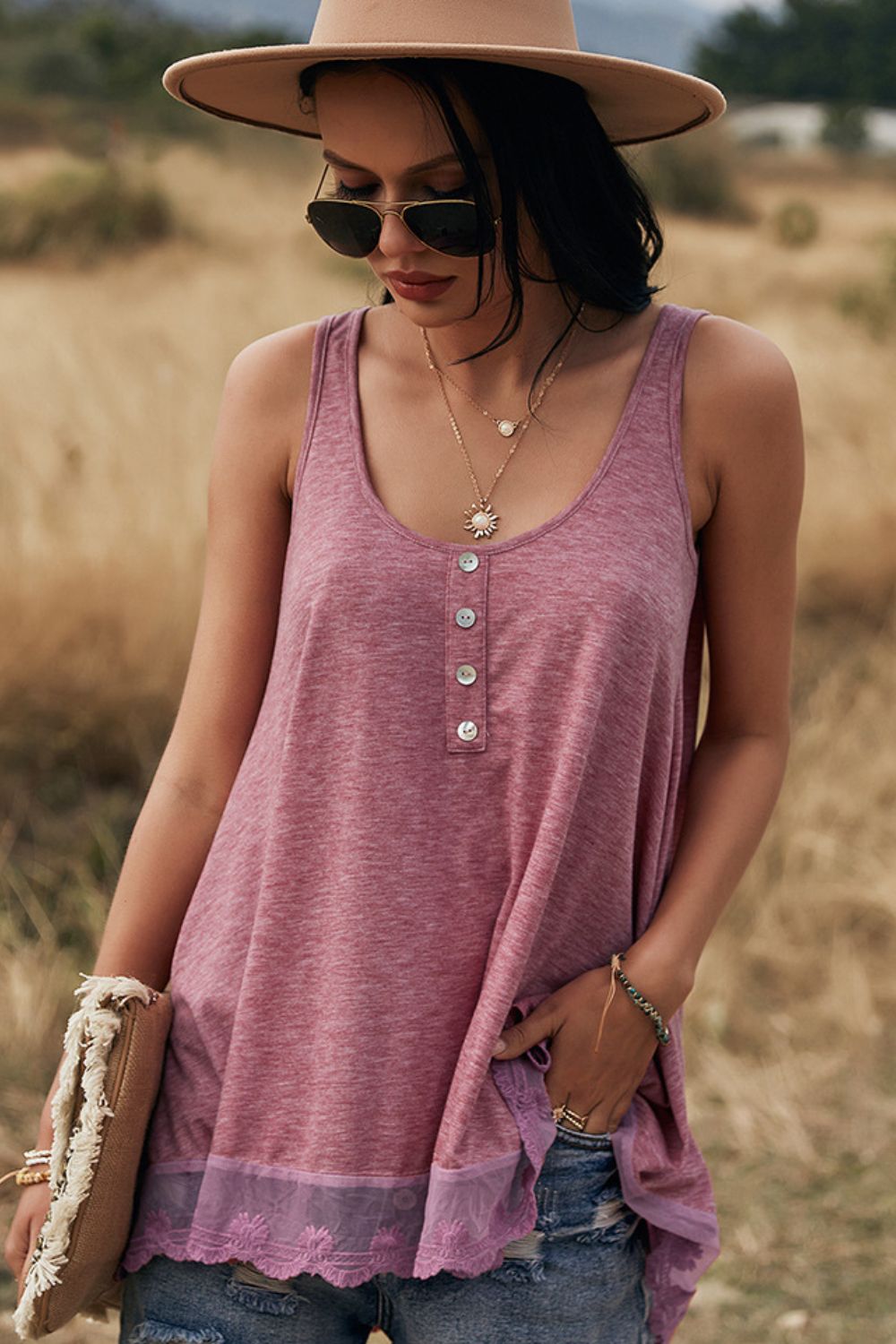lace trim button detail tank top