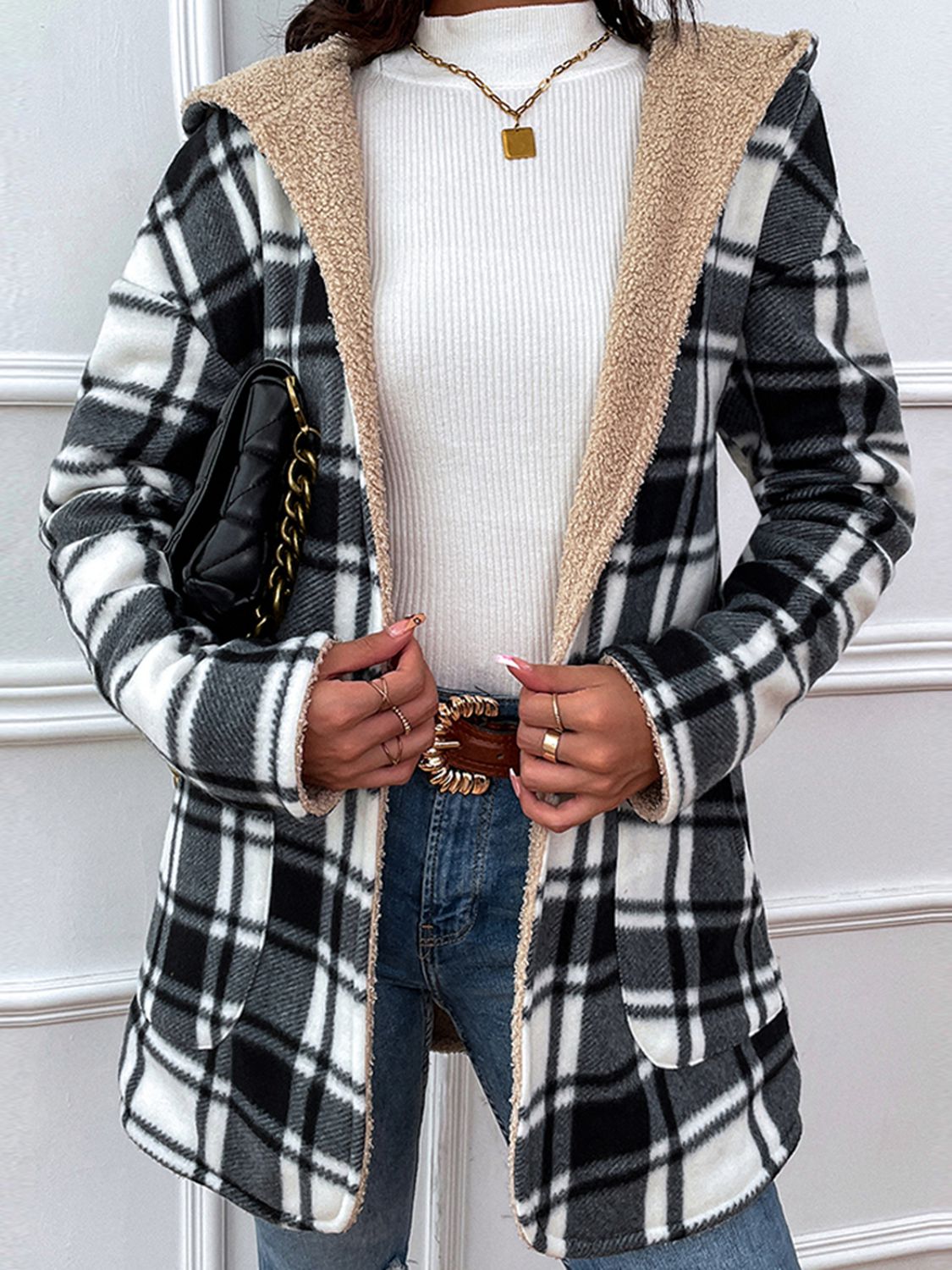 plaid hooded longline coat