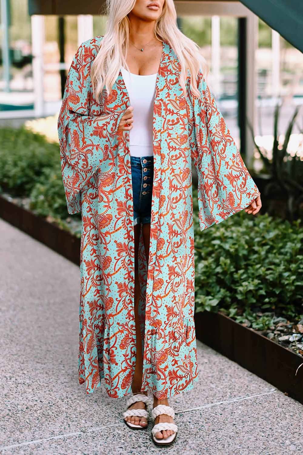printed open front duster cardigan