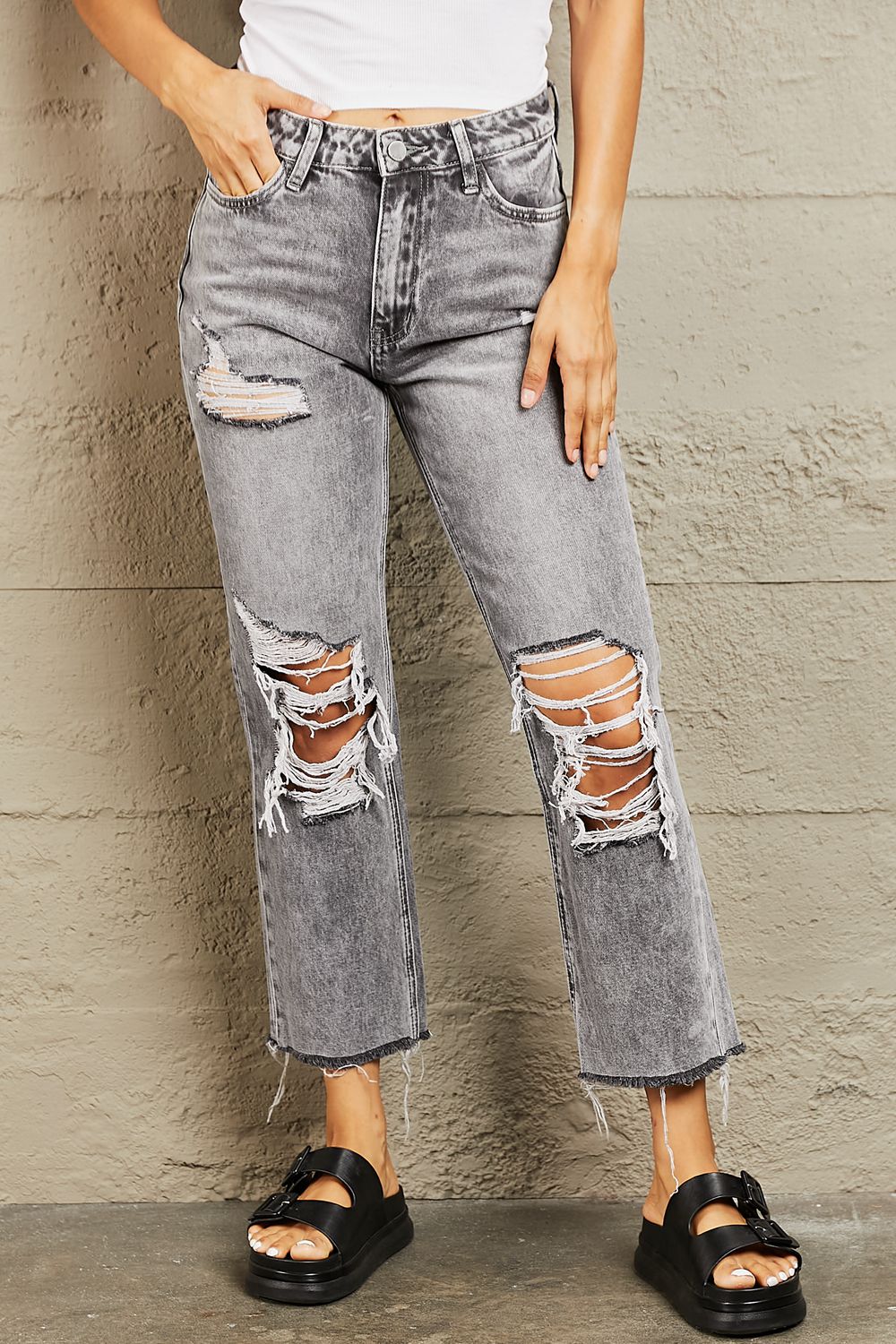 bayeas acid wash distressed cropped straight jeans