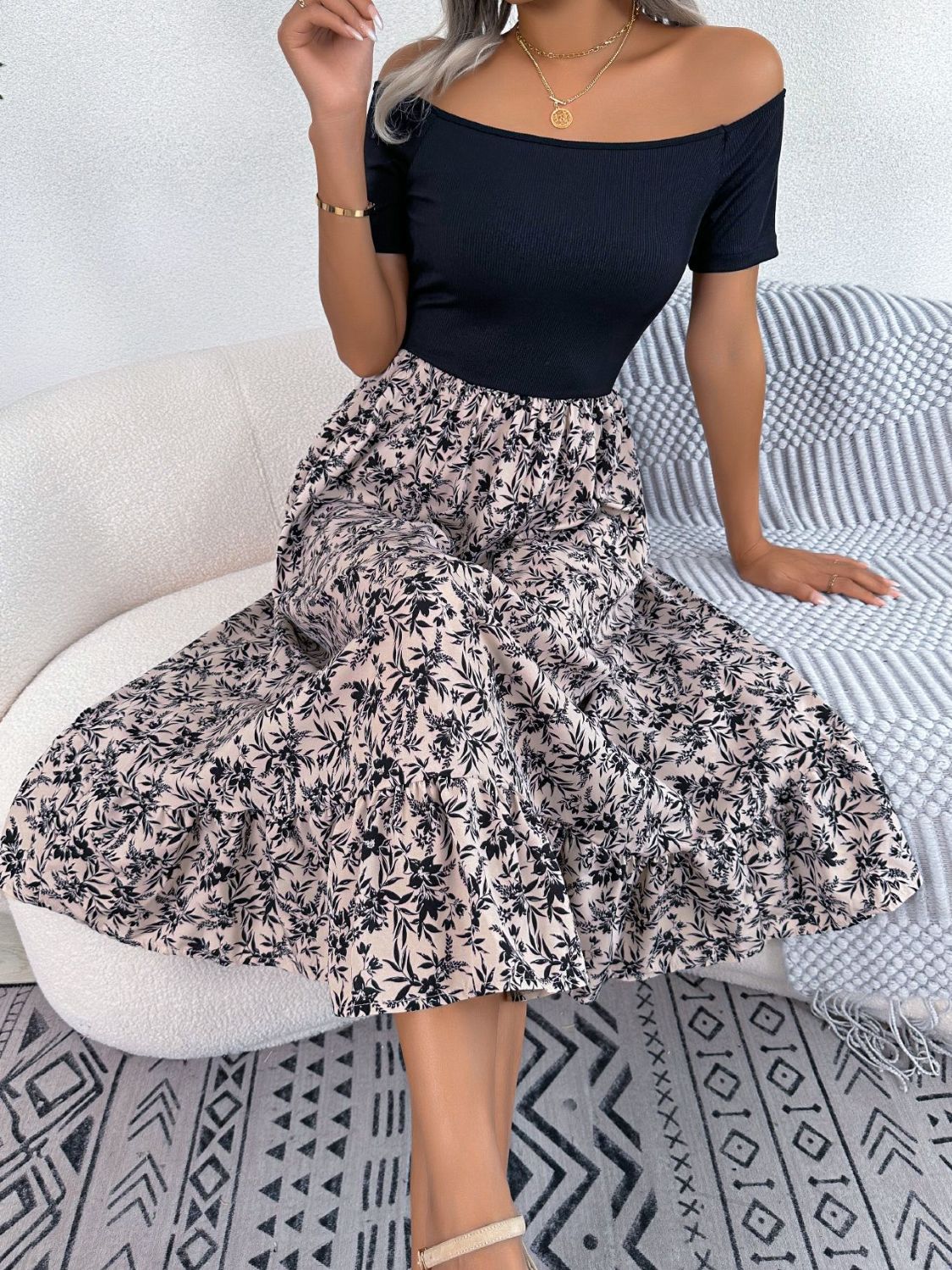 printed off-shoulder ruffle hem dress