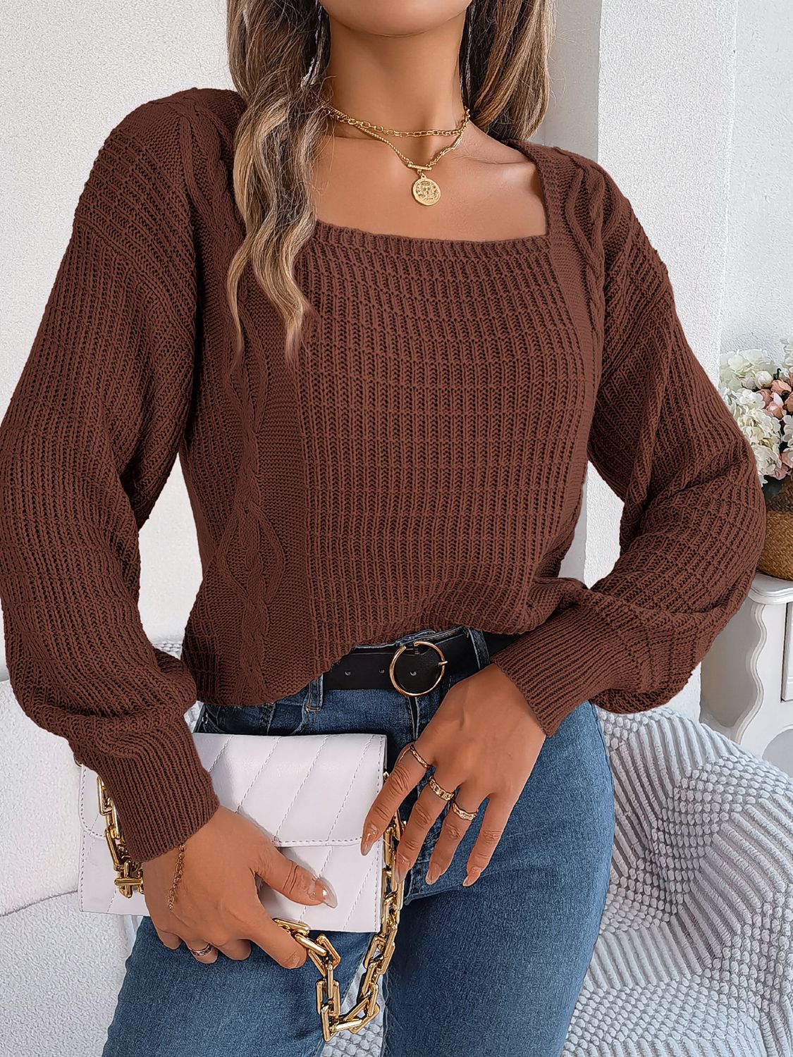 square neck mixed knit sweater