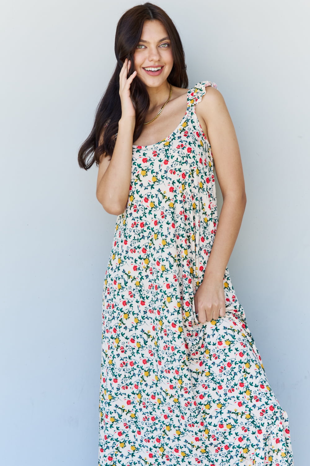 doublju in the garden ruffle floral maxi dress in natural rose