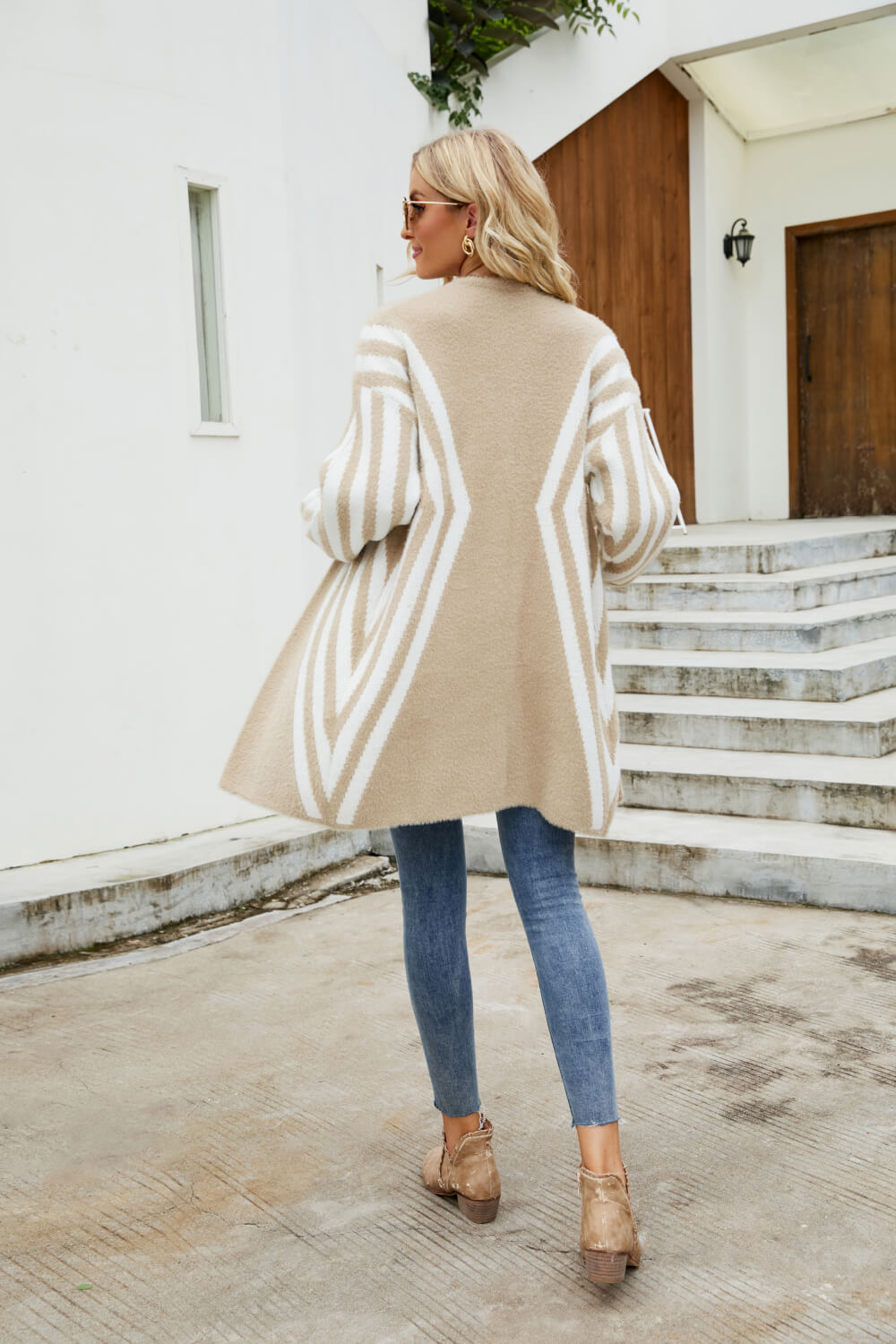 woven right two-tone open front fuzzy longline cardigan