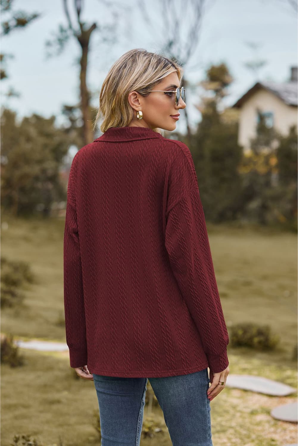collared neck cable-knit long sleeve blouse