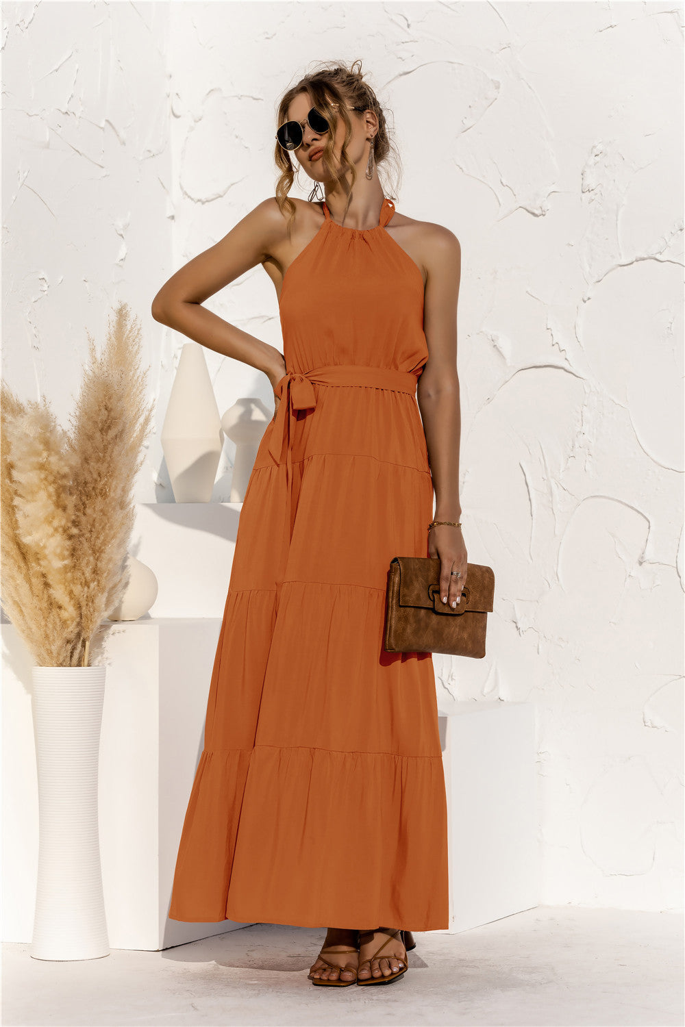 halter neck tie waist tiered maxi dress