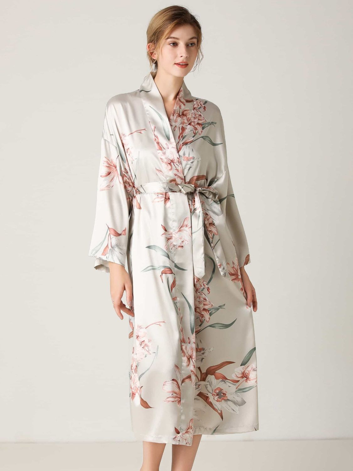 floral tie waist long sleeve robe