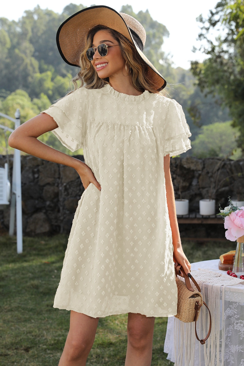 swiss dot round neck flutter sleeve dress