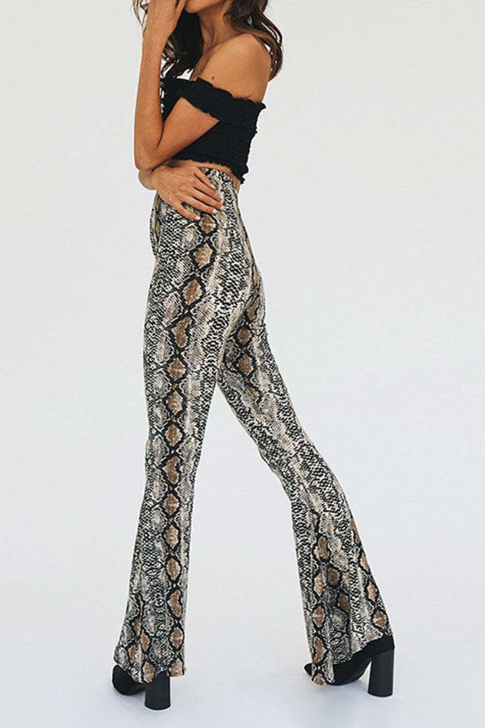 snakeskin print flare pants