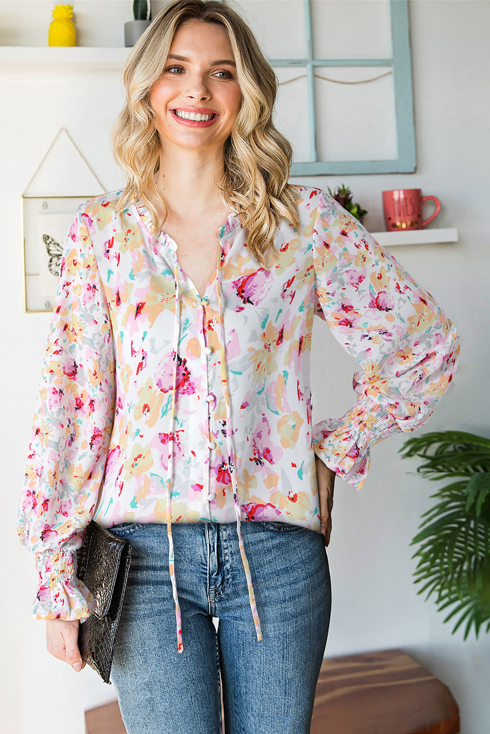 floral frill trim tie neck flounce sleeve blouse