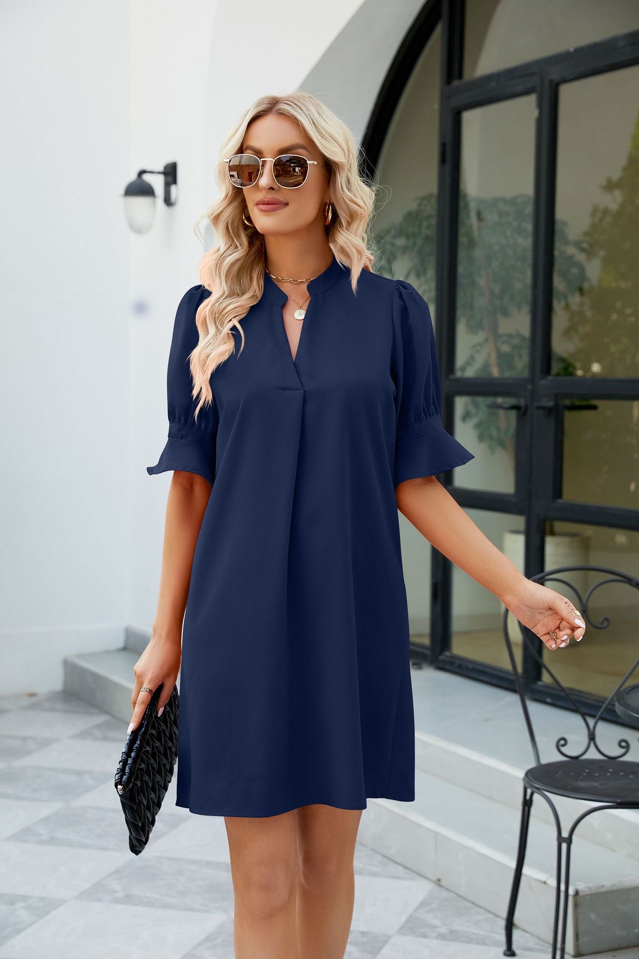 notched neck flounce sleeve mini dress