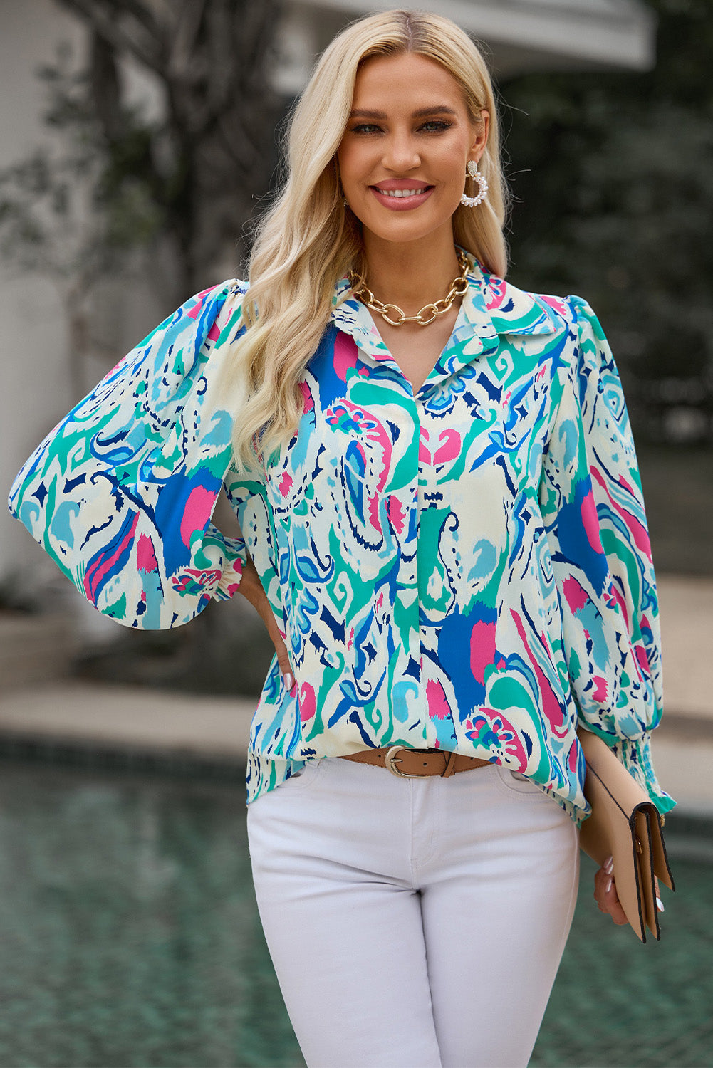 printed puff sleeve collared blouse
