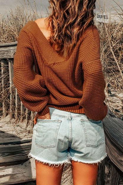 Woven Right Rib-Knit Drop Shoulder V-Neck Sweater