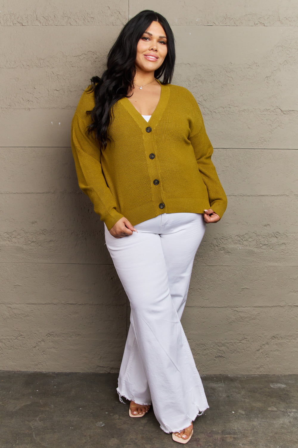 zenana kiss me tonight full size button down cardigan in chartreuse