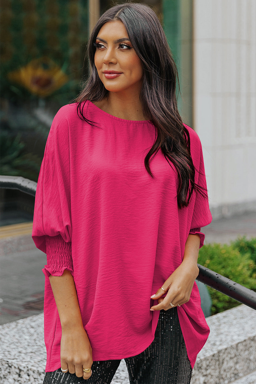 round neck dolman sleeve textured blouse