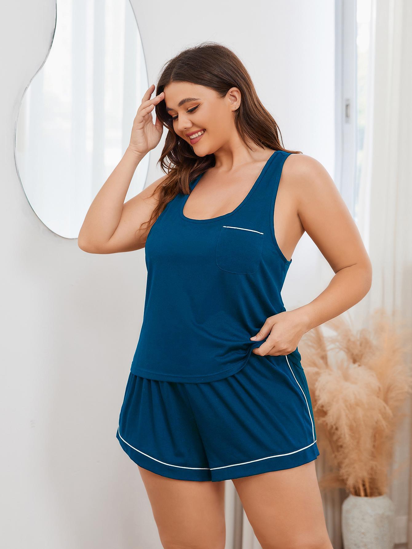 plus size contrast piping racerback tank and shorts lounge set