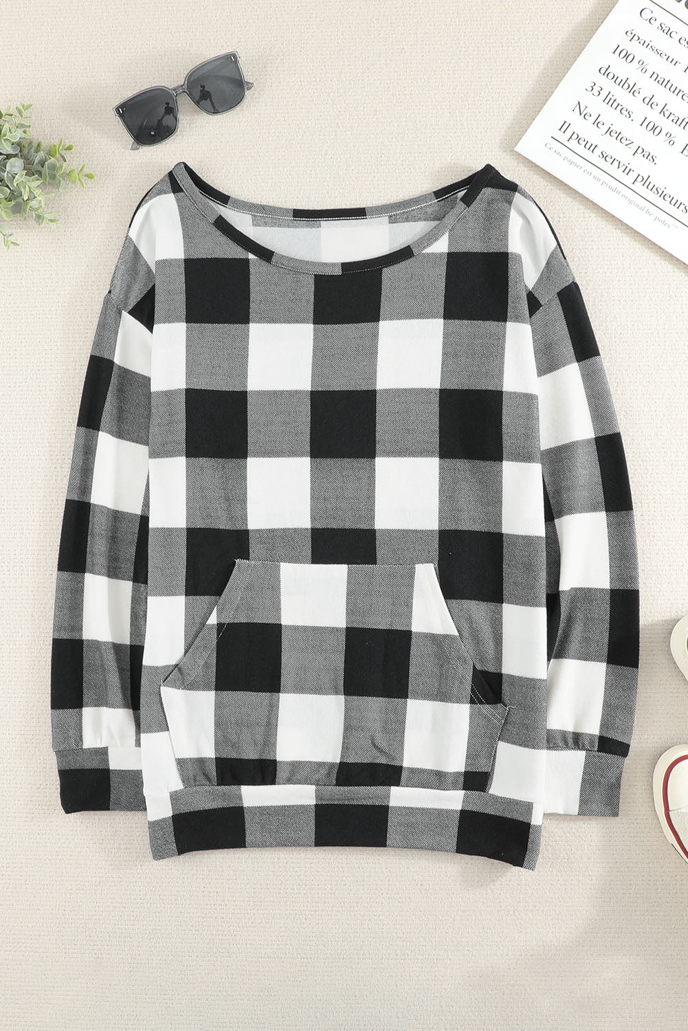 double take plaid long sleeve tunic sweatshirt