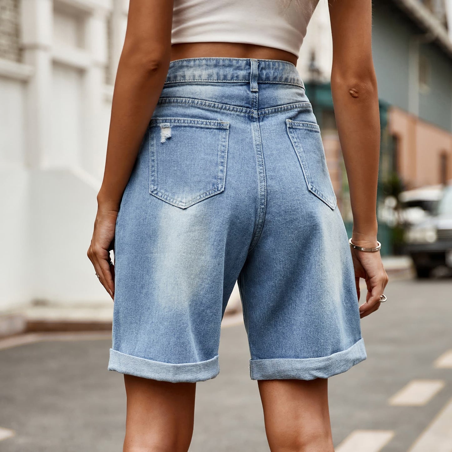 distressed buttoned denim shorts with pockets