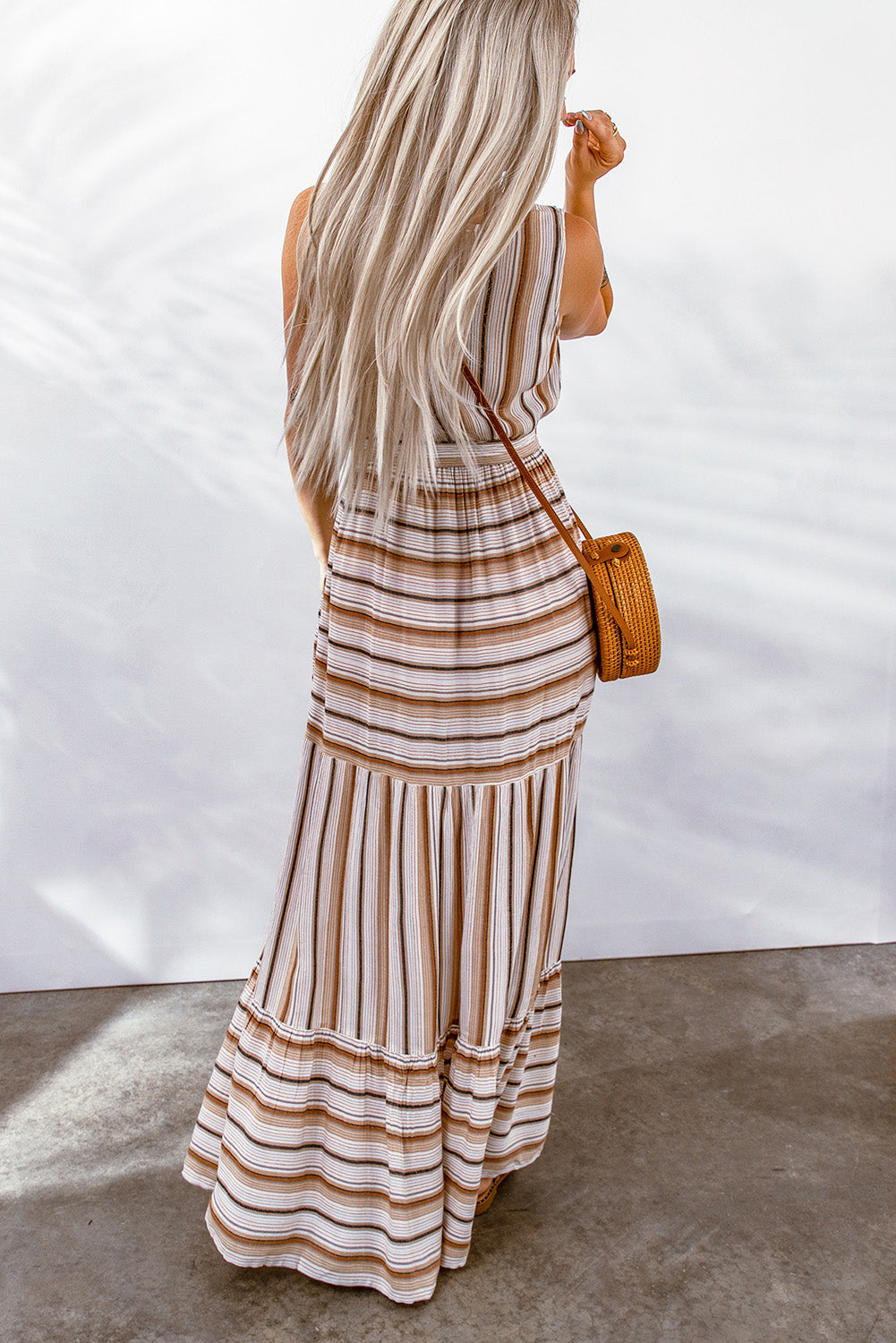 striped tie waist slit sleeveless dress