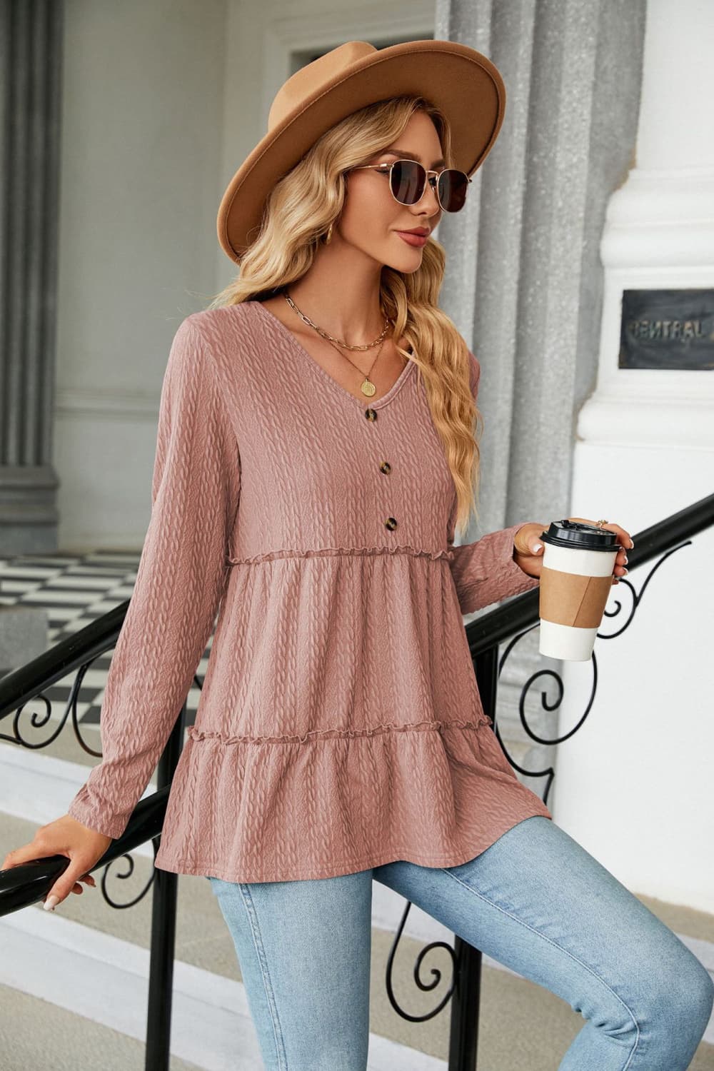 long sleeve v-neck cable-knit blouse