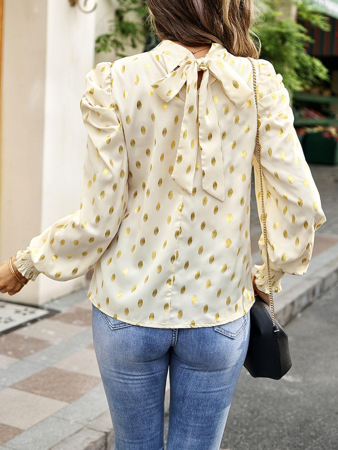 printed mock neck lantern sleeve blouse