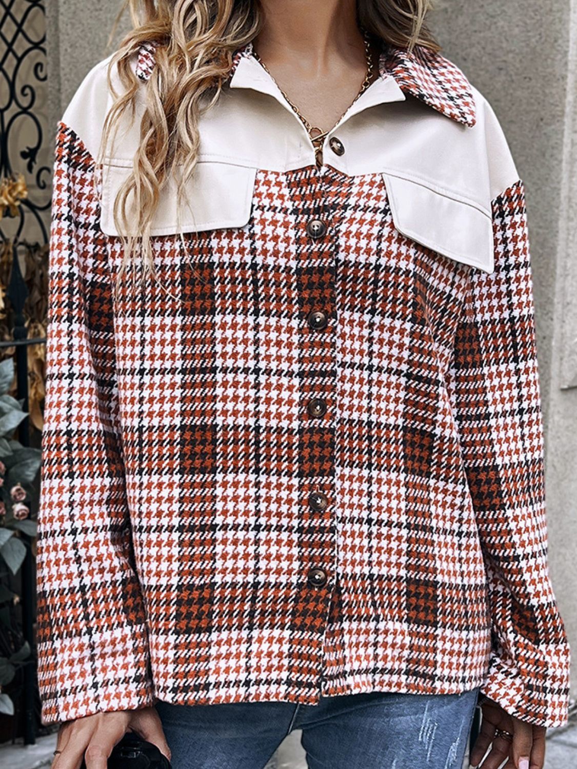 plaid collared neck drop shoulder jacket