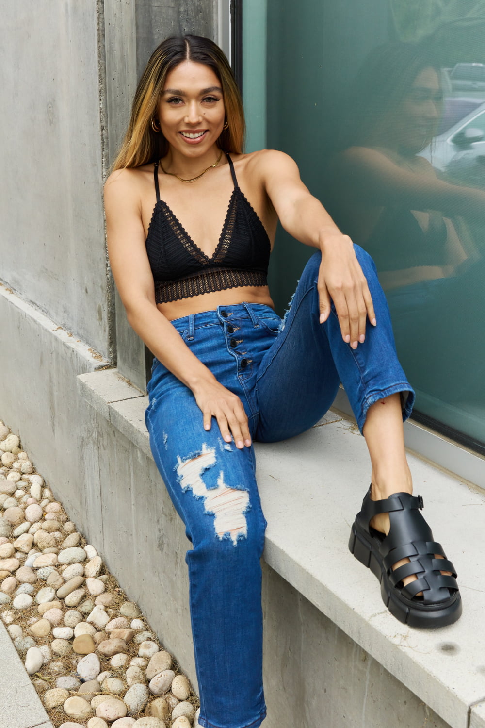 leto ribbed lace boho racerback bralette in black