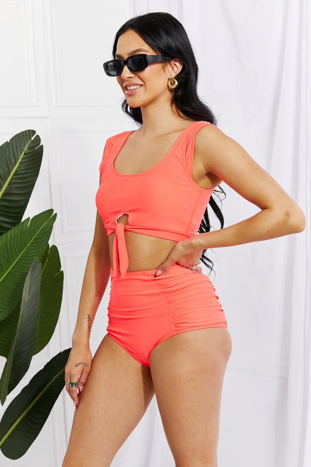 marina west swim sanibel crop swim top and ruched bottoms set in coral