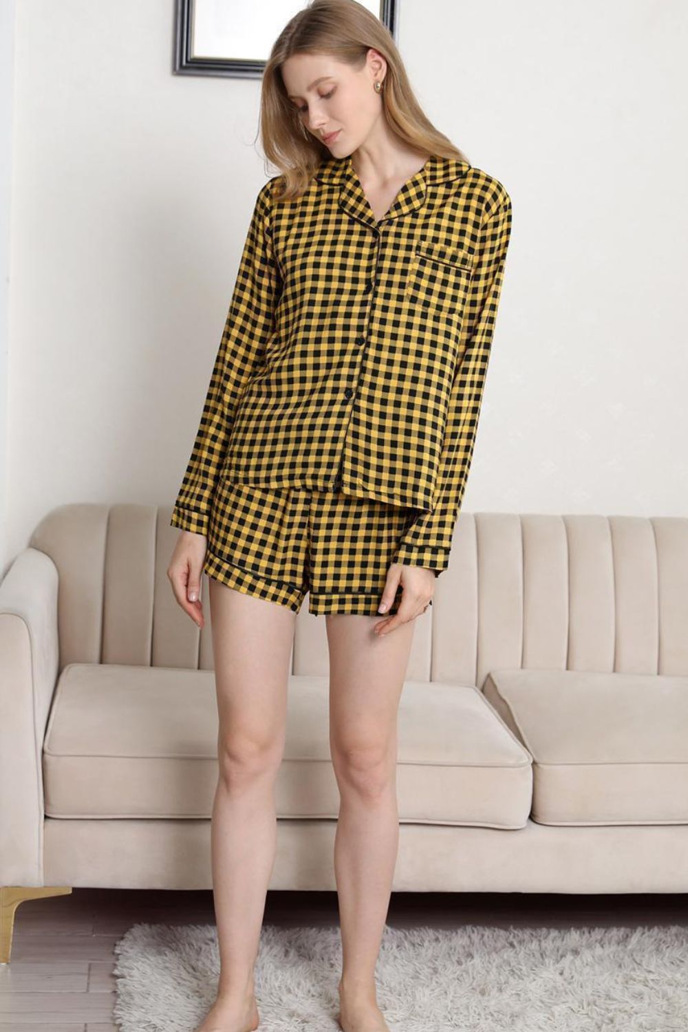 plaid long sleeve shirt and shorts lounge set