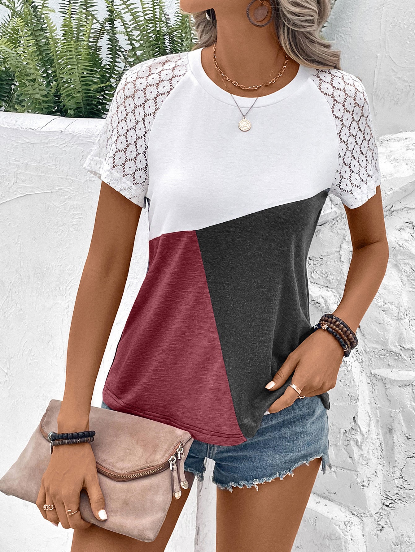 color block raglan sleeve round neck tee