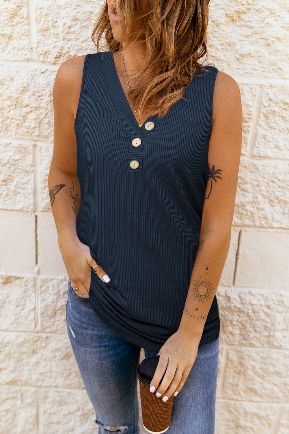 ribbed buttoned v-neck tank