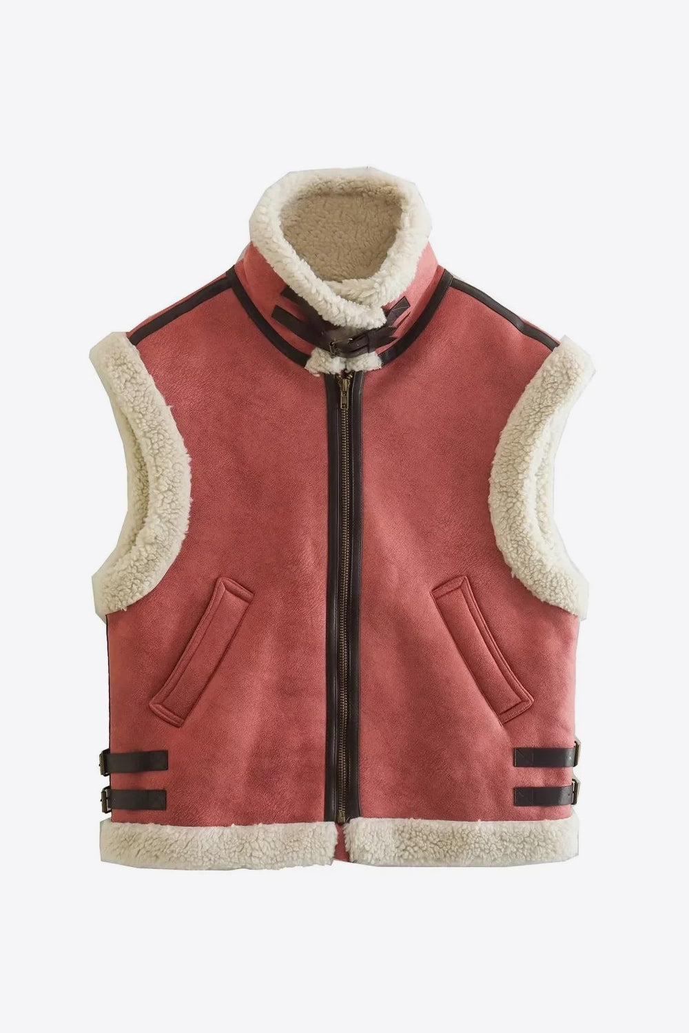 collared zip-up suede sherpa vest