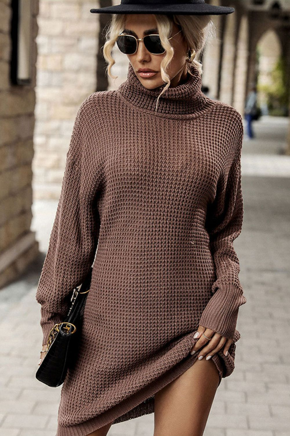 turtleneck dropped shoulder mini sweater dress